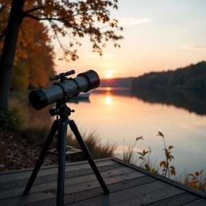 A Celestron Astromaster telescope on a wooden deck overlooking a calm lake at sunset.