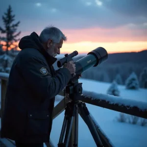 A skygazer using a Gskyer 600x90mm AZ Telescope at twilight. 