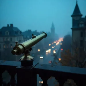 Vintage brass telescope on the balcony of a building
