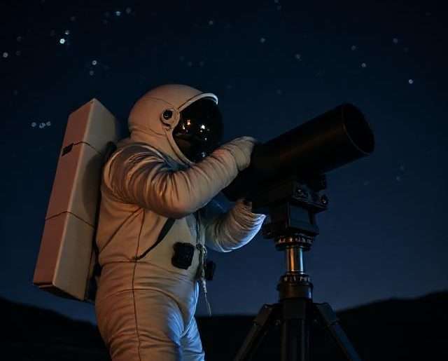 astronaut using a telescope at night