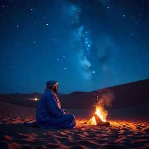 A wide-angle view of the Little Dipper constellation over the Sahara Desert at night, with a lone Berber man sitting by a small campfire.